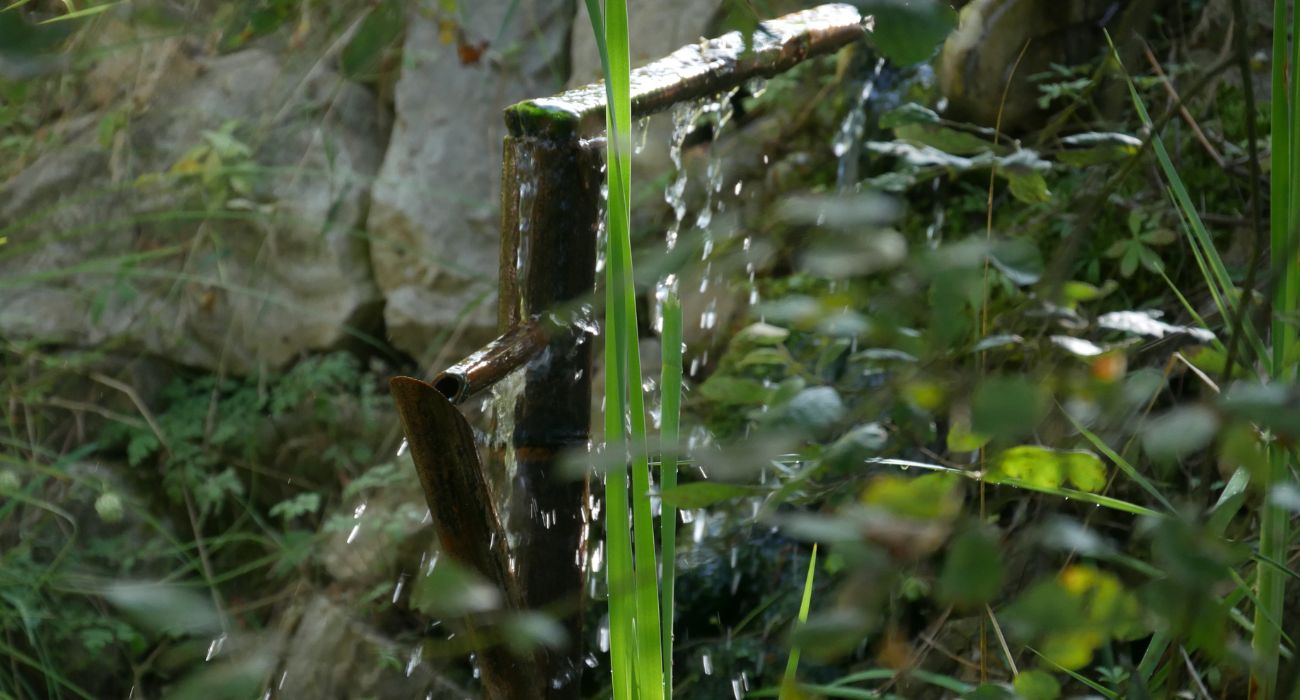 Petite fontaine japonaise en bambou dans la cascade