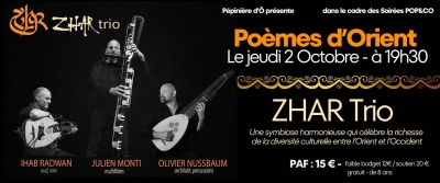 CONCERT | POEMES D'ORIENT avec ZHAR trio Jeudi 2 octobre 2025 à 19h30